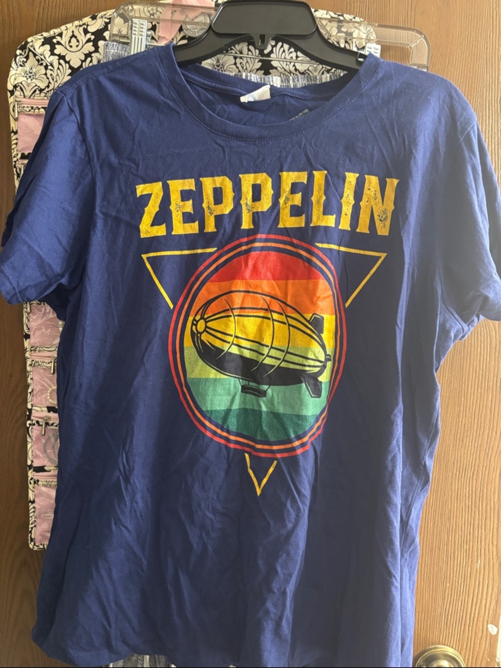 Zeppelin Graphic Tee for Women- Navy with Rainbow Print